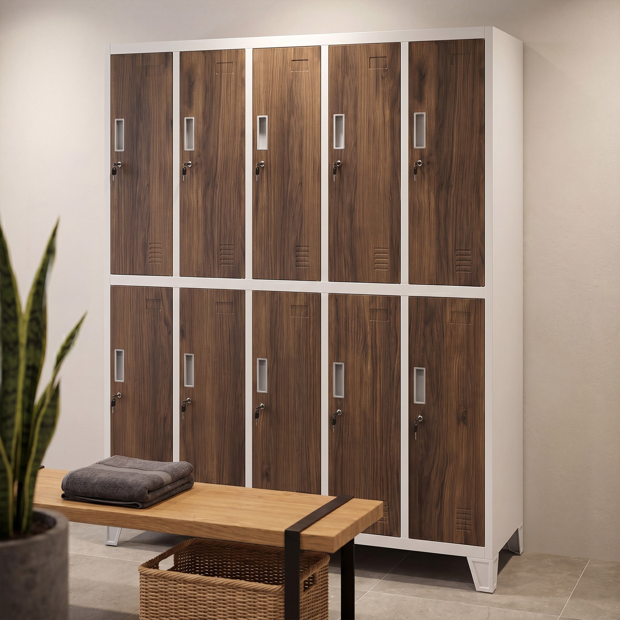 Armario vestuario de seguridad laboral de 10 puertas blanco/nogal, 1360x1720x450 mm: BARTEK Eco Design