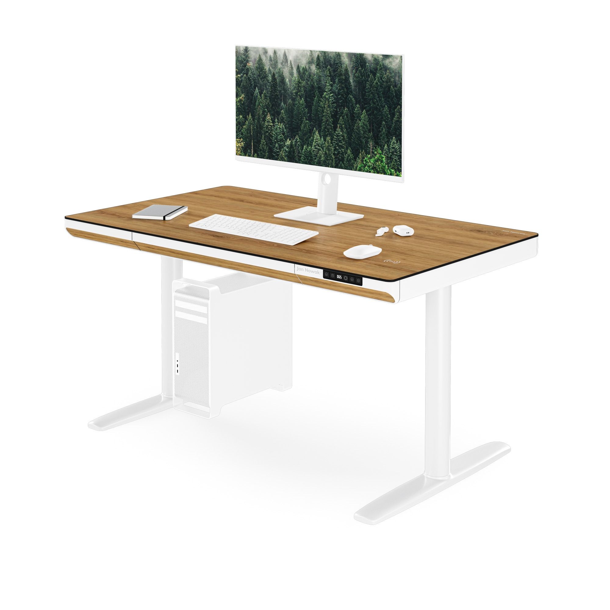 Elektrisch zit-sta bureau met lade en draadloze Qi-oplader wit/goudeiken, 1200 mm: ELLIS