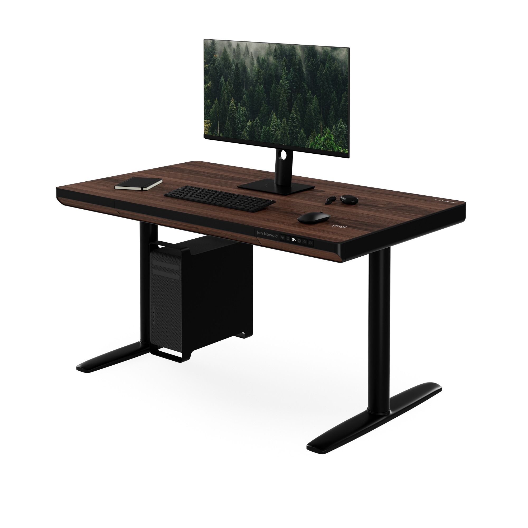 Elektrisch zit-sta bureau met lade en draadloze Qi-oplader zwart/notenhout, 1200 mm: ELLIS