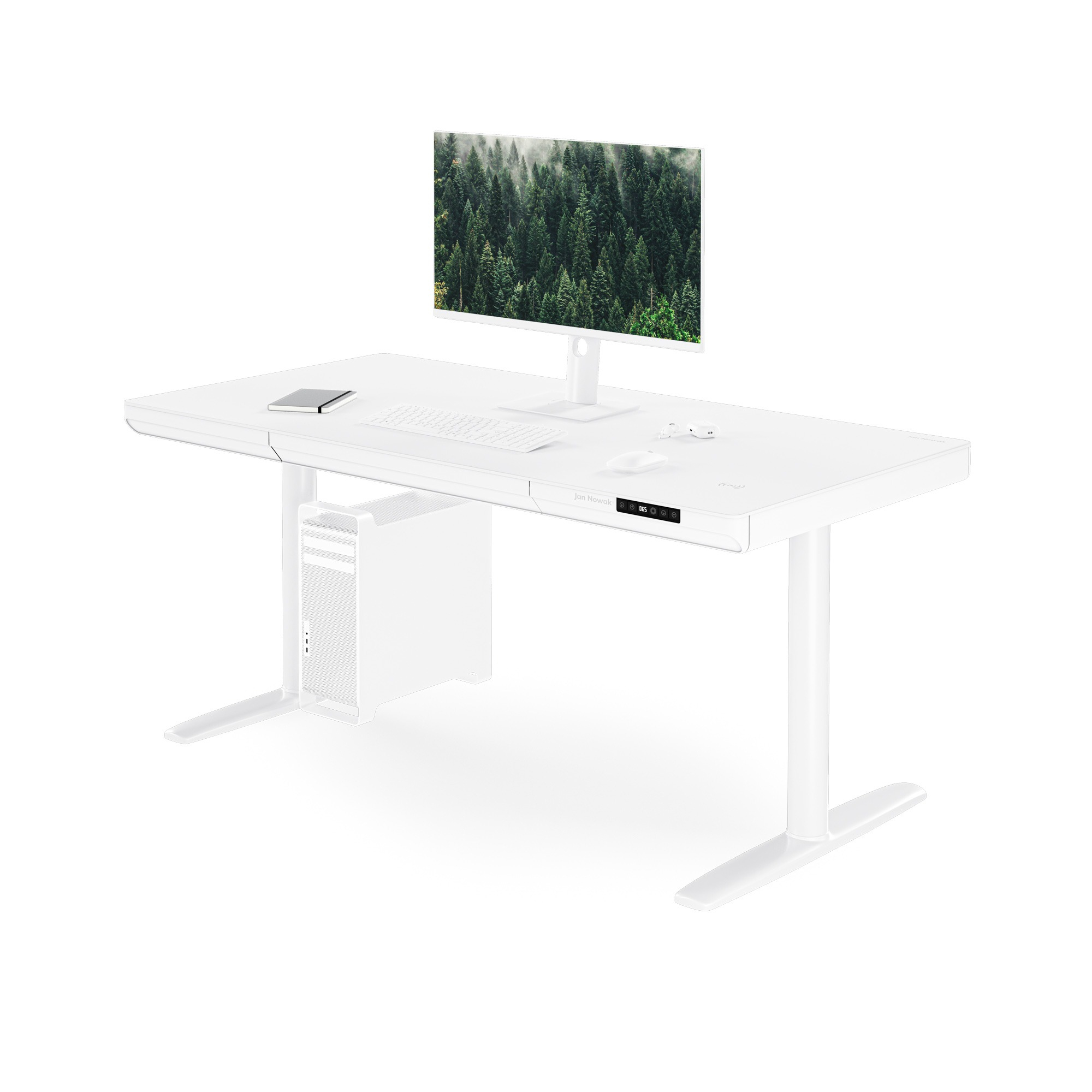 Elektrisch zit-sta bureau met lade en draadloze Qi-oplader wit, 1400 mm: ELLIS