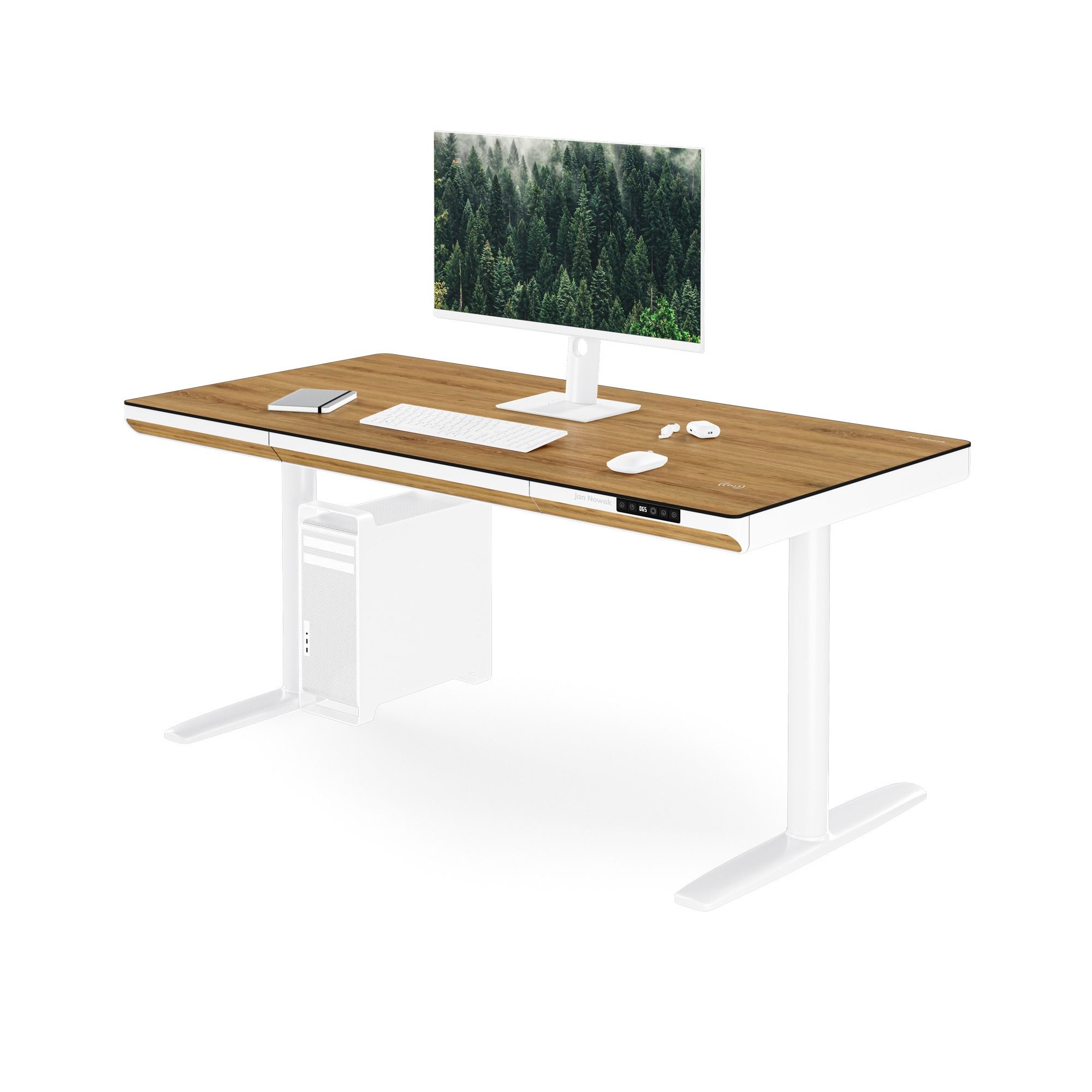 Elektrisch zit-sta bureau met lade en draadloze Qi-oplader wit/goudeiken, 1400 mm: ELLIS