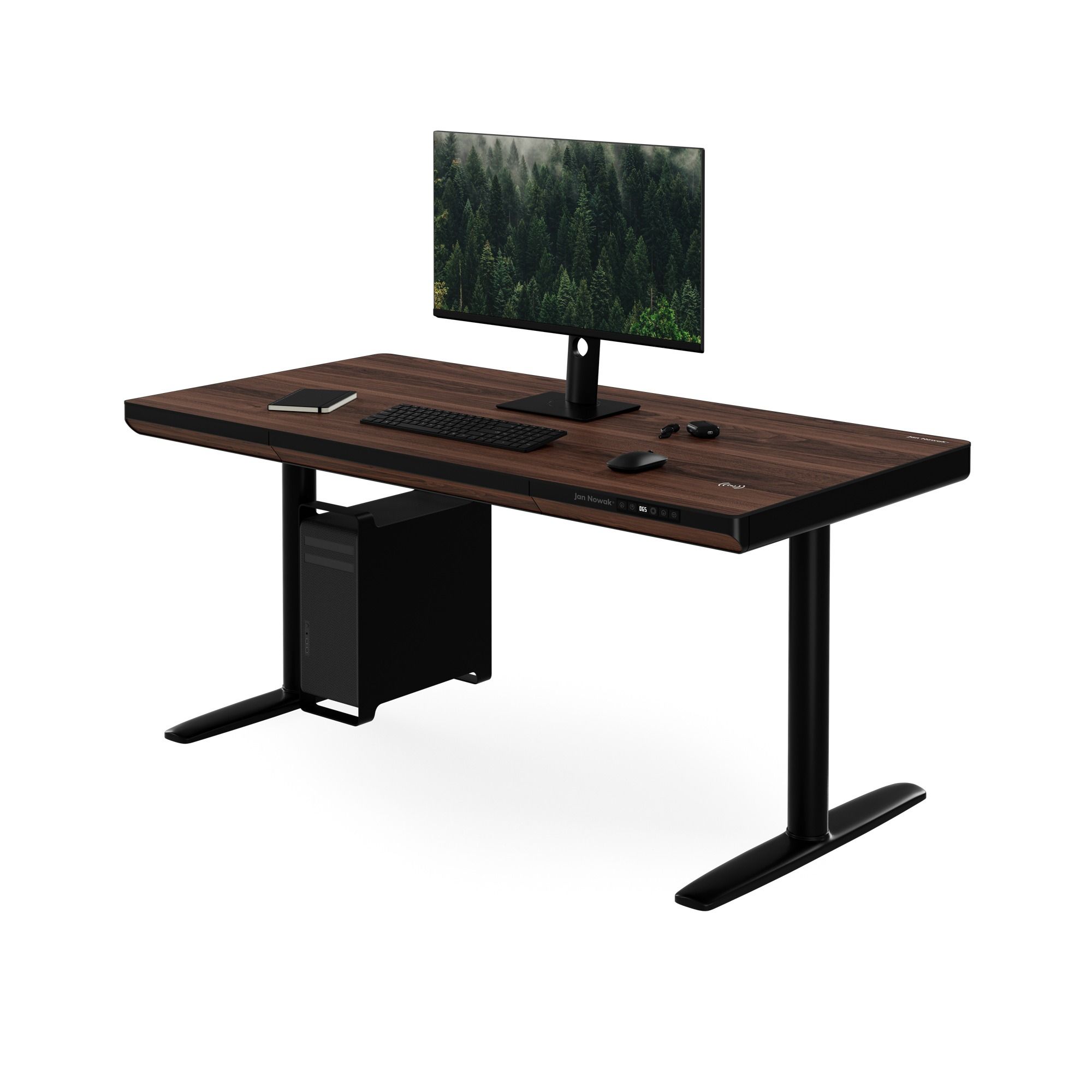 Elektrisch zit-sta bureau met lade en draadloze Qi-oplader zwart/notenhout, 1400 mm: ELLIS