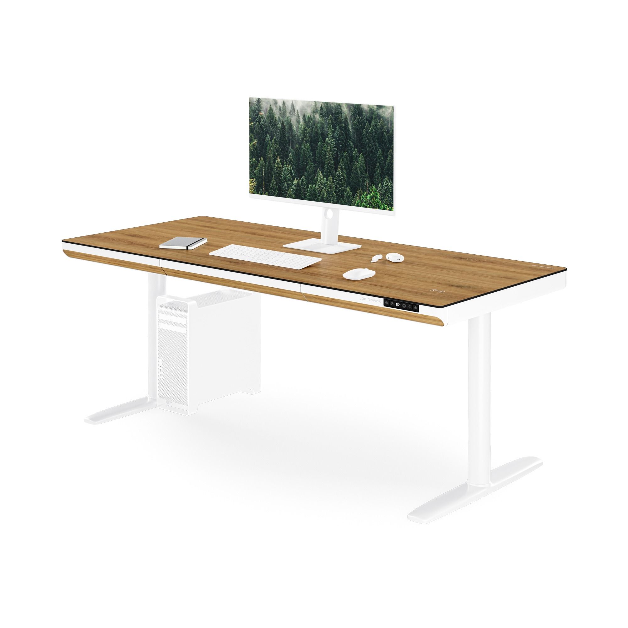 Elektrisch zit-sta bureau met lade en draadloze Qi-oplader wit/goudeiken, 1600 mm: ELLIS