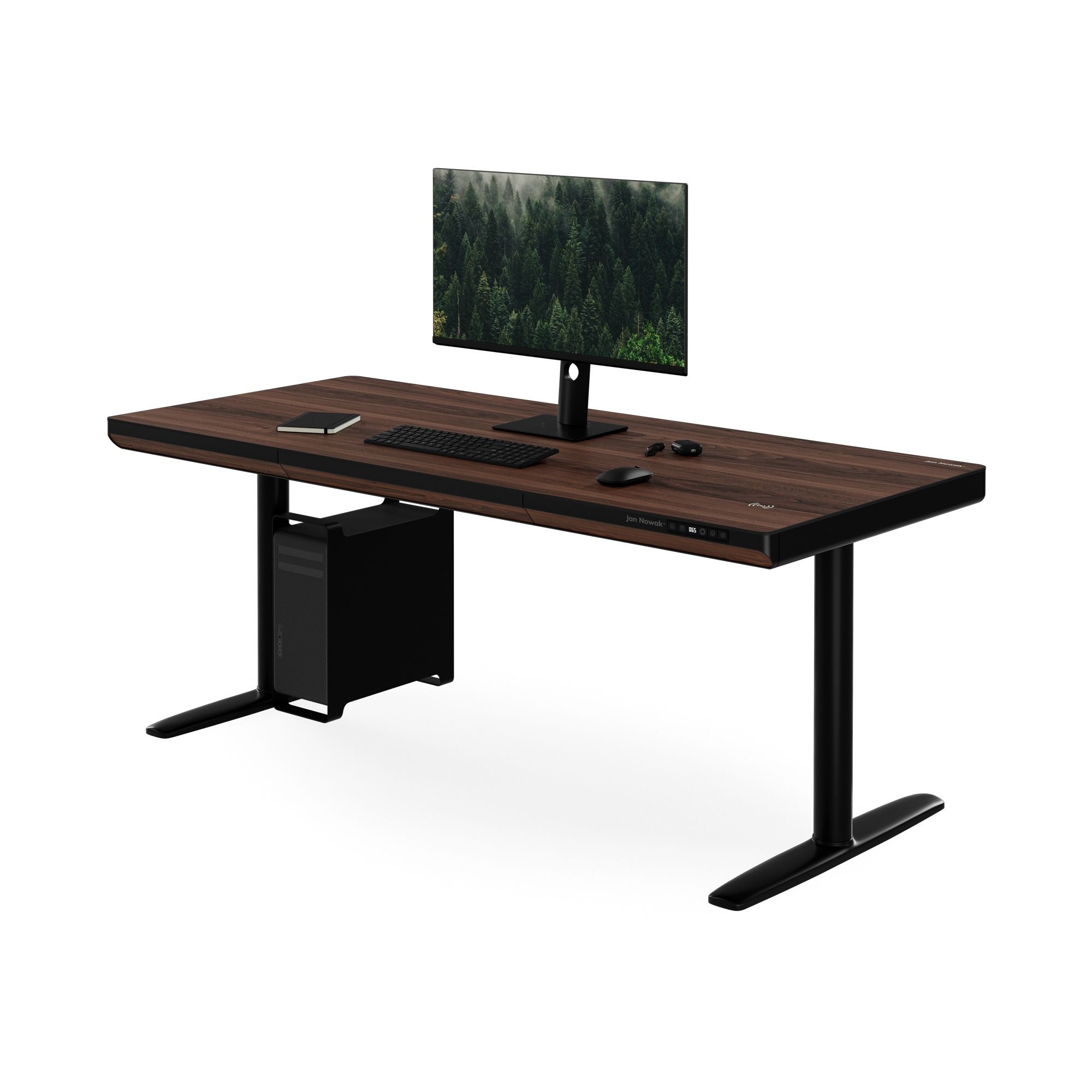 Elektrisch zit-sta bureau met lade en draadloze Qi-oplader zwart/notenhout, 1600 mm: ELLIS