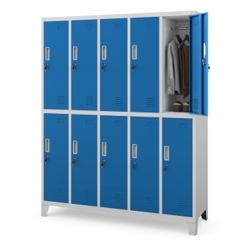 Plechová šatní skříňka na nožkách s 10 boxy BARTEK, 1360 x 1720 x 450 mm, šedo-modrá 