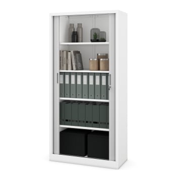 Metal office file cabinet with a roller shutter DAMIAN, 900 x 1850 x 450 mm, white-grey