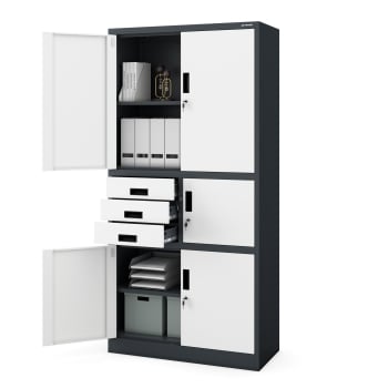 Metal office file cabinet with a safe FILIP II, 900 x 1850 x 400 mm, anthracite-white