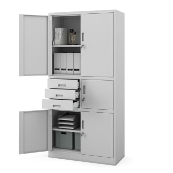 Metal office file cabinet with a safe FILIP II, 900 x 1850 x 400 mm, grey