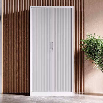 Metal office file cabinet with a roller shutter DAMIAN, 900 x 1850 x 450 mm, white-grey