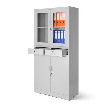 Büroschrank Vitrinenschrank mit Schubladen EDMUND, 900 x 1850 x 400 mm, grau