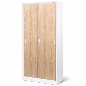 Schiebetürenschrank Metallschrank KUBA, 900 x 1850 x 400 mm, Eco Design: weiß/ sonoma eiche