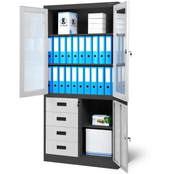 Vitrinenschrank mit Schubladen WIOLA, 900 x 1850 x 400 mm, anthrazit-weiß