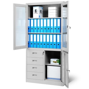Büroschrank mit Glastüren und Schubladen WIOLA, 900 x 1850 x 400 mm, Grau
