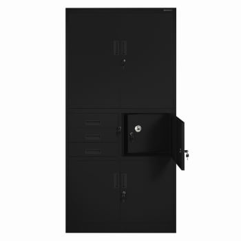Metal office file cabinet with a safe FILIP II, 900 x 1850 x 400 mm, black