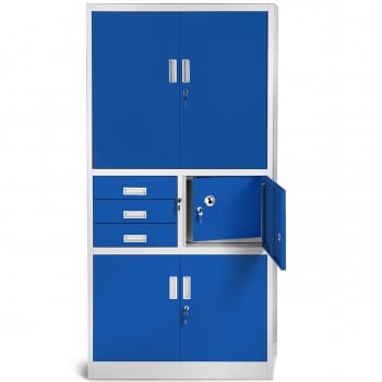 Metal office file cabinet with a safe FILIP II, 900 x 1850 x 400 mm, grey-blue