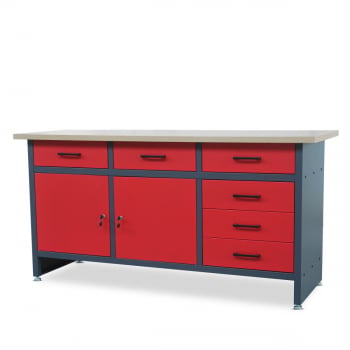 Műhelyasztal, fiókokkal és szekrénnyel HENRY, 1700 x 850 x 600 mm, antracit-vörös