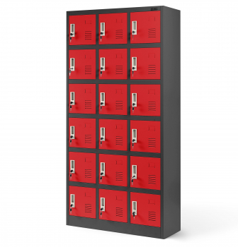 JAN NOWAK Kovová šatňová boxová skriňa na sokli s 18 boxami model KAROL 900x1850x400, antracitovo-červená 