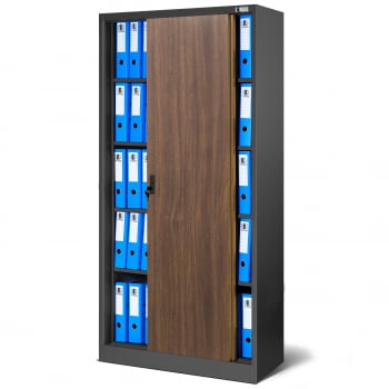 JAN NOWAK Plechová skříň s posuvnými dveřmi a policemi industriální styl model KUBA 900x1850x400, antracitová / ořech 