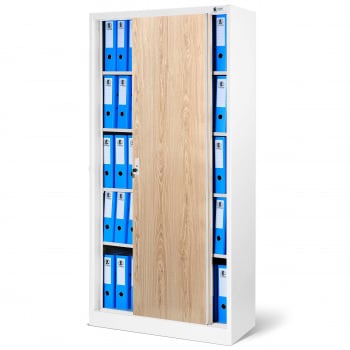 JAN NOWAK Plechová skříň s posuvnými dveřmi a policemi model KUBA 900x1850x400, bílá /dub sonoma 