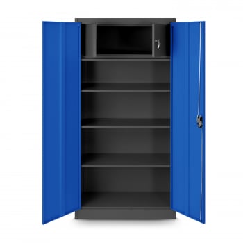 Plechová policová skříň s dveřmi a skřínkou pro osobní věci TOMASZ, 900 x 1850 x 450 mm, antracitovo-modrá 