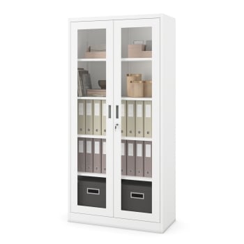 Metal office file cabinet with glass doors AMELIA, 900 x 1850 x 400 mm, white