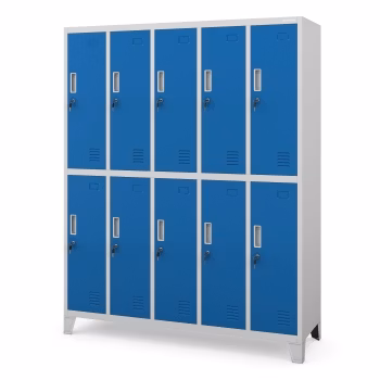 Plechová šatní skříňka na nožkách s 10 boxy BARTEK, 1360 x 1720 x 450 mm, šedo-modrá 