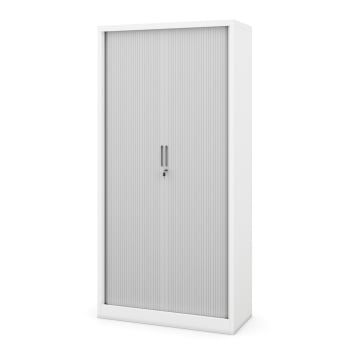 Metal office file cabinet with a roller shutter DAMIAN, 900 x 1850 x 450 mm, white-grey