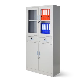 Büroschrank Vitrinenschrank mit Schubladen EDMUND, 900 x 1850 x 400 mm, grau