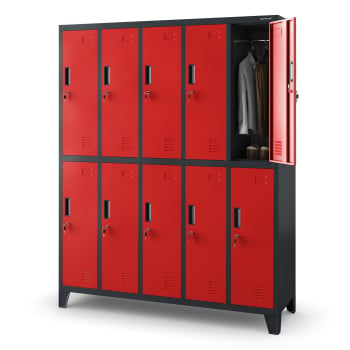 Plechová šatní skříňka na nožkách s 10 boxy BARTEK, 1360 x 1720 x 450 mm, antracitovo-červená 