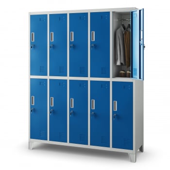 10 rekeszes öltözőszekrény lábakon BARTEK, 1360 x 1720 x 450 mm, szürke-kék