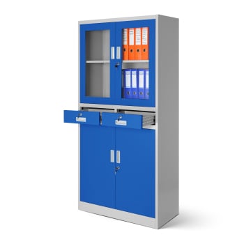 Büroschrank Vitrinenschrank mit Schubladen EDMUND, 900 x 1850 x 400 mm, grau-blau