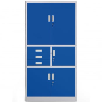 Fém iratszekrény széffel és fiókokkal FILIP II, 900 x 1850 x 400 mm, szürke-kék