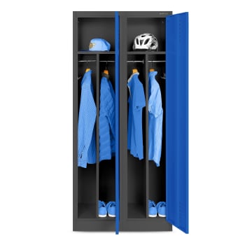 Pléh öltözőszekrény talpazaton, kétmodulos, polccal és köztes fallal KACPER, 800 x 1800 x 500 mm, antracit-kék