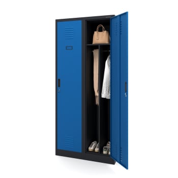 Taquilla de seguridad e higiene con cuatro compartimentos KACPER, 800 x 1800 x 500 mm, antracita y azul