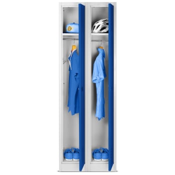 Plechová šatní skříň na soklu s polici 4 moduly KACPER II, 600 x 1800 x 500 mm, šedo-modrá 