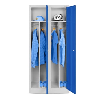 Pléh öltözőszekrény talpazaton, kétmodulos, polccal és köztes fallal KACPER, 800 x 1800 x 500 mm, szürke-kék