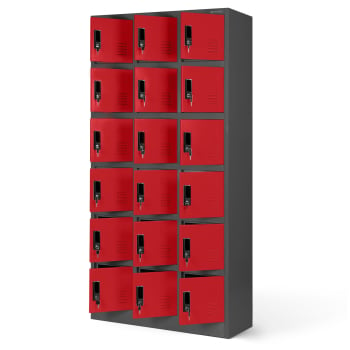 Kovová šatňová boxová skriňa na sokli s 18 boxami KAROL, 900 x 1850 x 400 mm, antracitovo-červená 