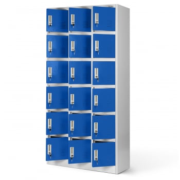 Plechová šatní skříňka na soklu s 18 boxy KAROL, 900 x 1850 x 400 mm, šedo-modrá 