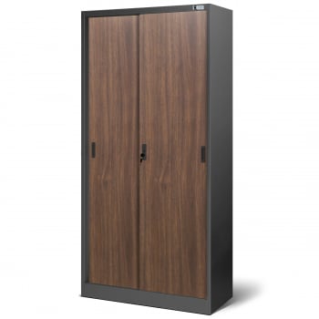 JAN NOWAK Plechová skříň s posuvnými dveřmi a policemi industriální styl model KUBA 900x1850x400, antracitová / ořech 