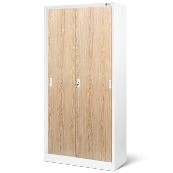 JAN NOWAK Plechová skříň s posuvnými dveřmi a policemi model KUBA 900x1850x400, bílá /dub sonoma 