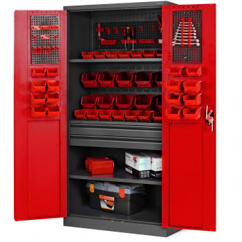 Metal workshop and tool cabinet SZYMON, 920 x 1850 x 500 mm, anthracite-red