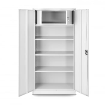 Plechová policová skříň s dveřmi a skřínkou pro osobní věci TOMASZ, 900 x 1850 x 450 mm, bílá 