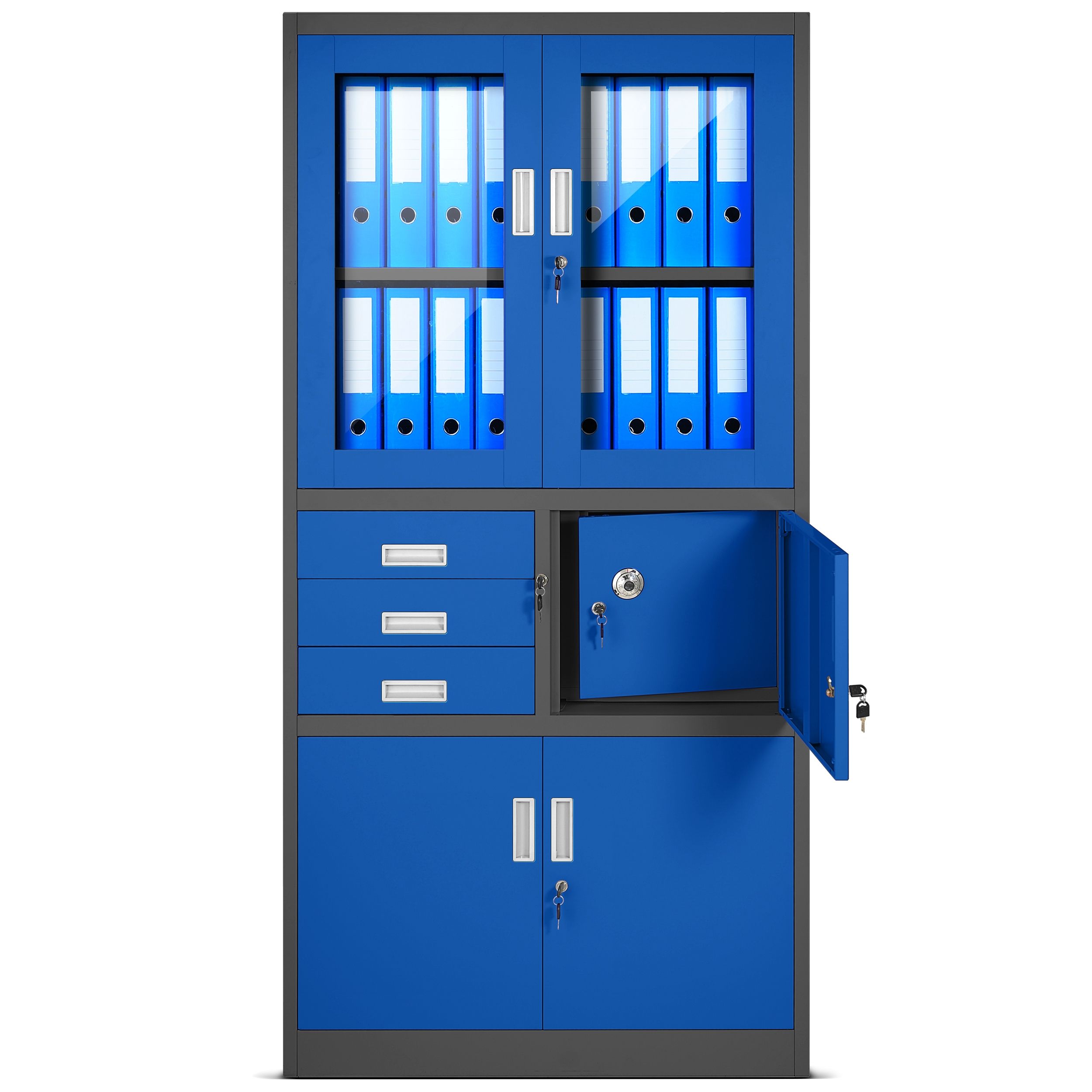 Metalen kast met kluis FILIP, 900 x 1850 x 400 mm, antraciet-blauw