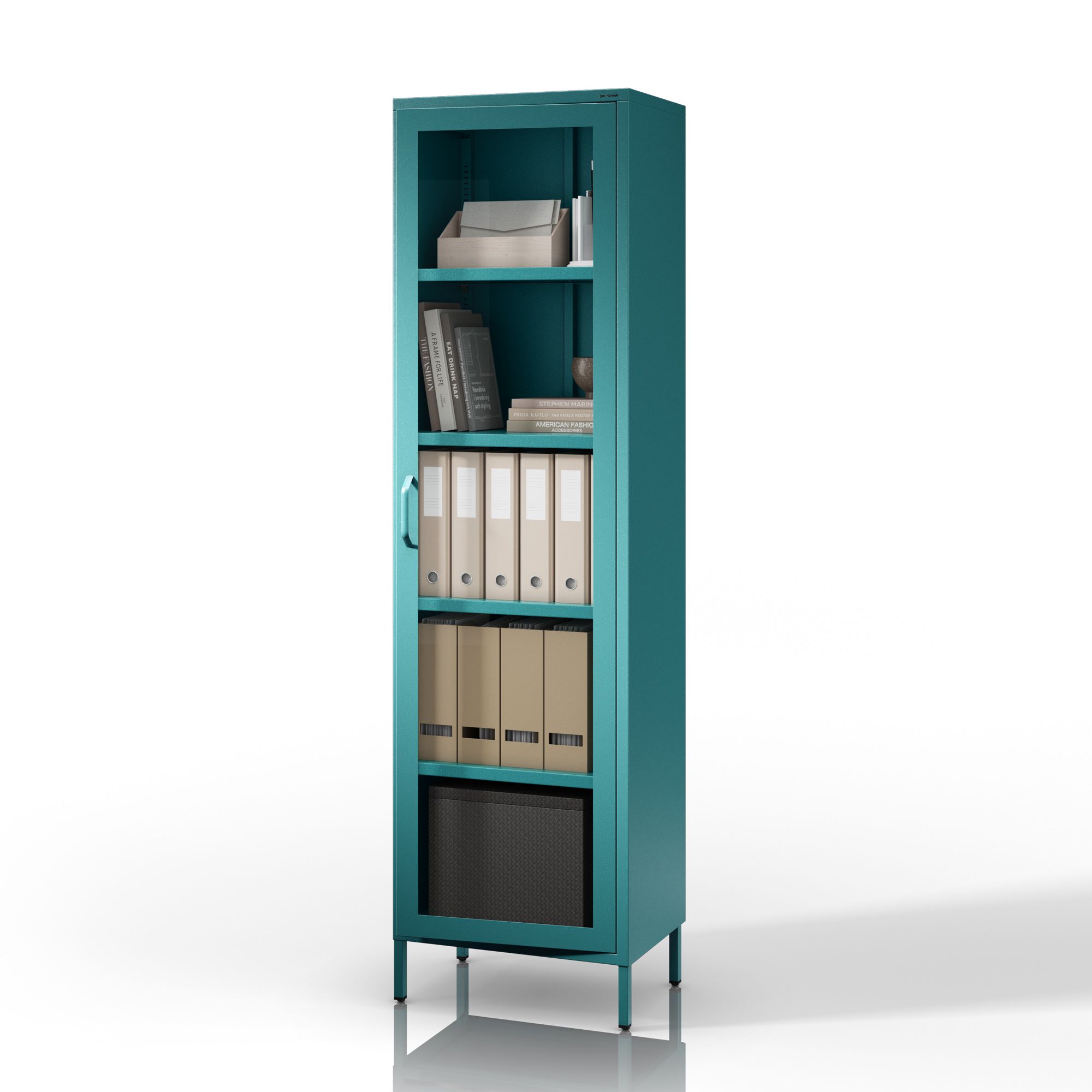 Smalle glazen vitrinekast op pootjes voor de woonkamer petrolblauw, 500x1800x350 mm: LUIGI Modern