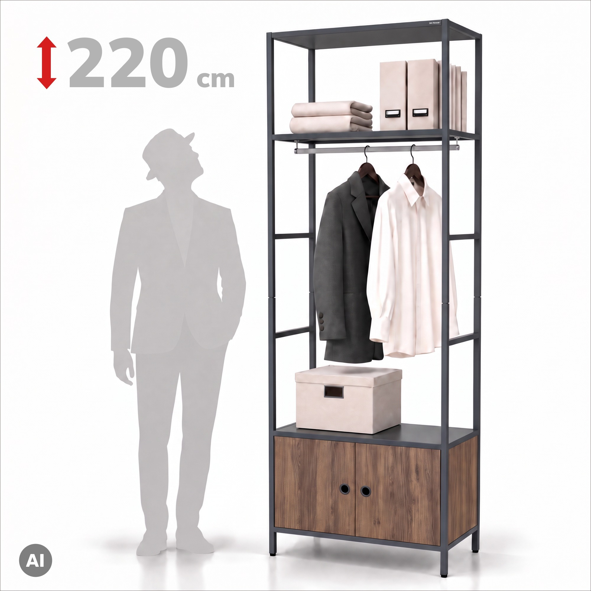 Kantoorkast open met kledingstang, voor receptie en wachtruimte, metaal, antraciet/notenhout, 800x2200x400 mm: ARIEL Eco Design
