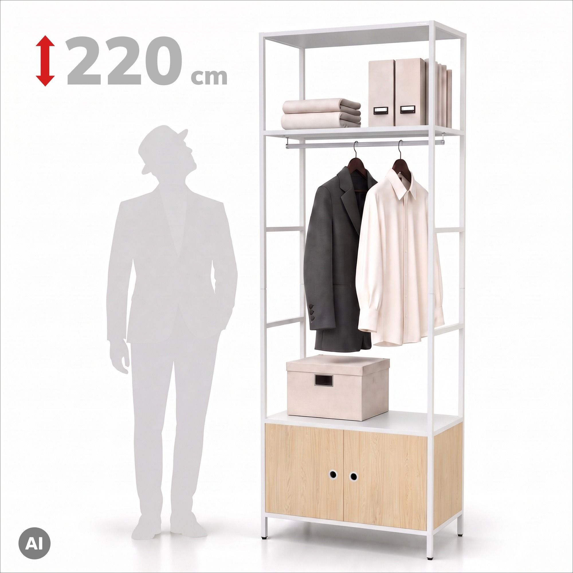 Kantoorkast open met kledingstang, voor receptie en wachtruimte, metaal, wit/sonoma eiken, 800x2200x400 mm: ARIEL Eco Design