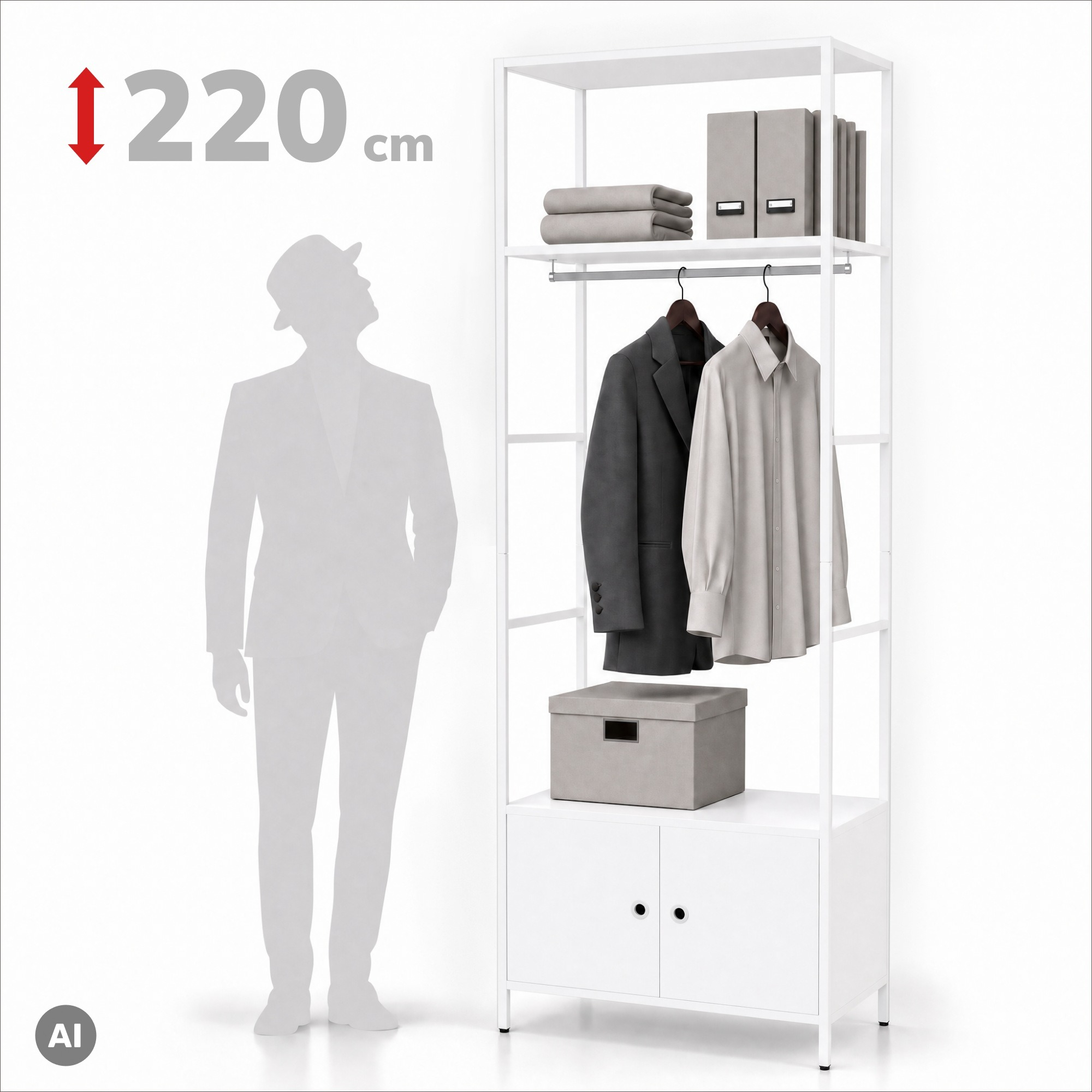 Kantoorkast open met kledingstang, voor receptie en wachtruimte, metaal, wit, 800x2200x400 mm: ARIEL