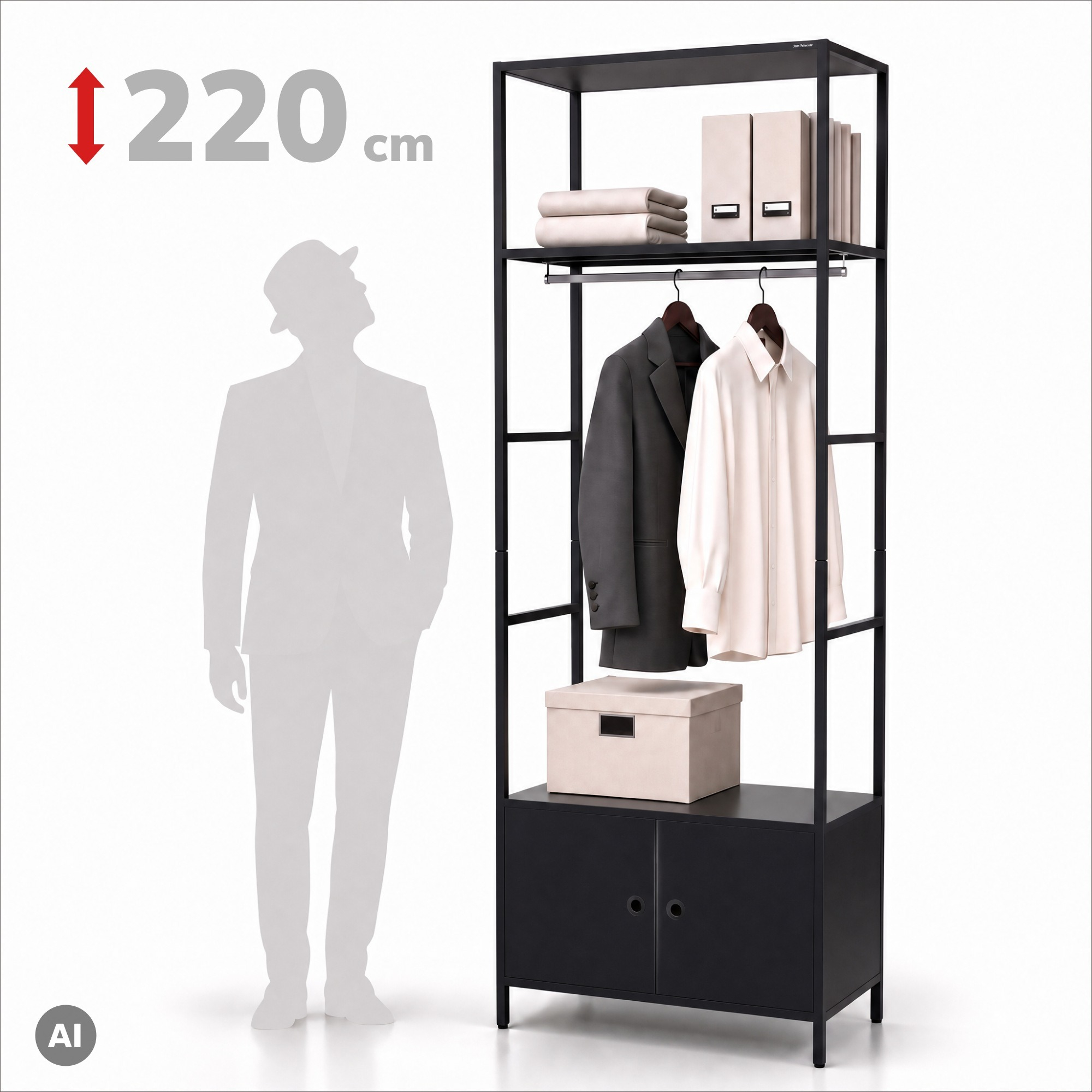 Kantoorkast open met kledingstang, voor receptie en wachtruimte, metaal, zwart, 800x2200x400 mm: ARIEL