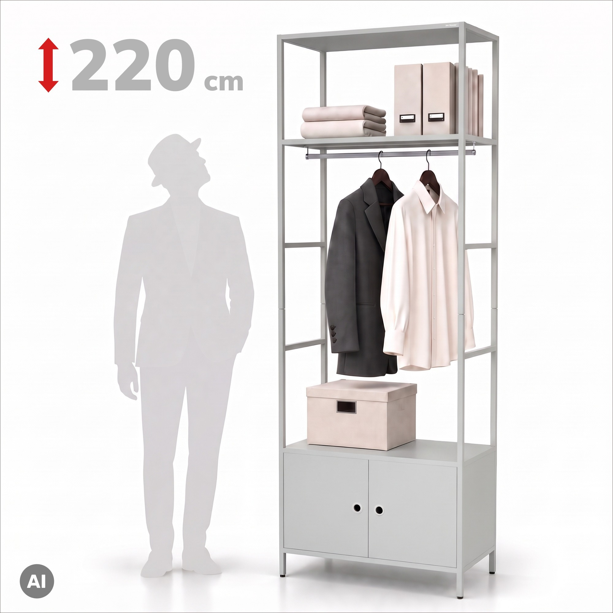 Kantoorkast open met kledingstang, voor receptie en wachtruimte, metaal, grijs, 800x2200x400 mm: ARIEL