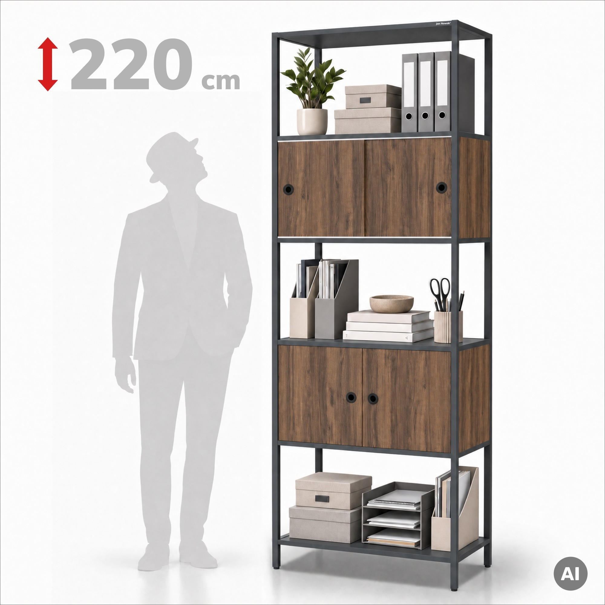 Ordnerrek met afsluitbaar kastje, voor kantoor, open planken, metaal antraciet/noten, 800x2200x400 mm: ARIEL Eco Design